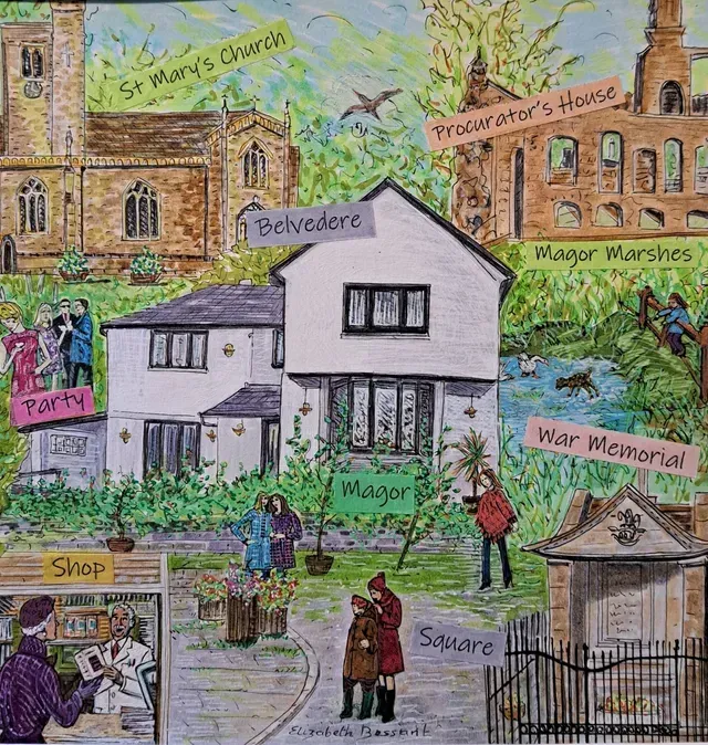 Illustrated map of a village center with labeled buildings, shops, church, mayor, war memorial, and people