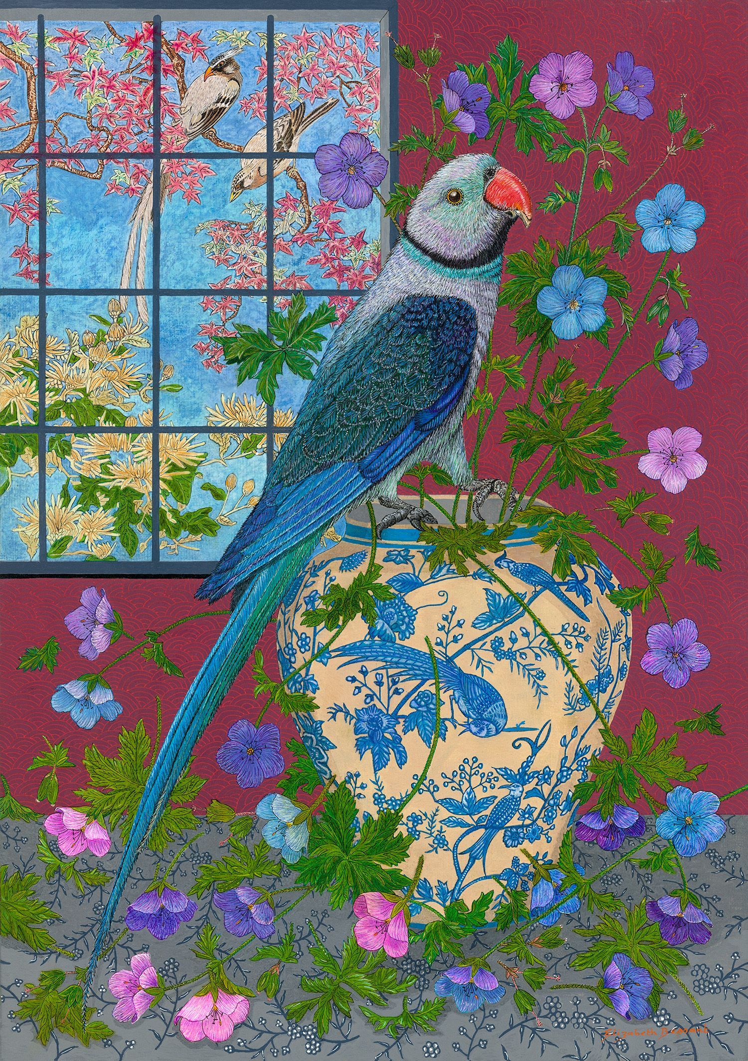 Blue parrot perched on a vase of flowers beside a window with blooming branches outside
