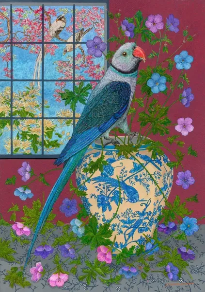 Blue parrot on a patterned vase beside flowers, with a window of blossoms in the background