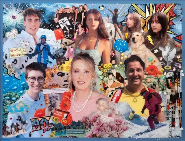 Collage of smiling people and colorful party-themed graphics on a bright, busy background