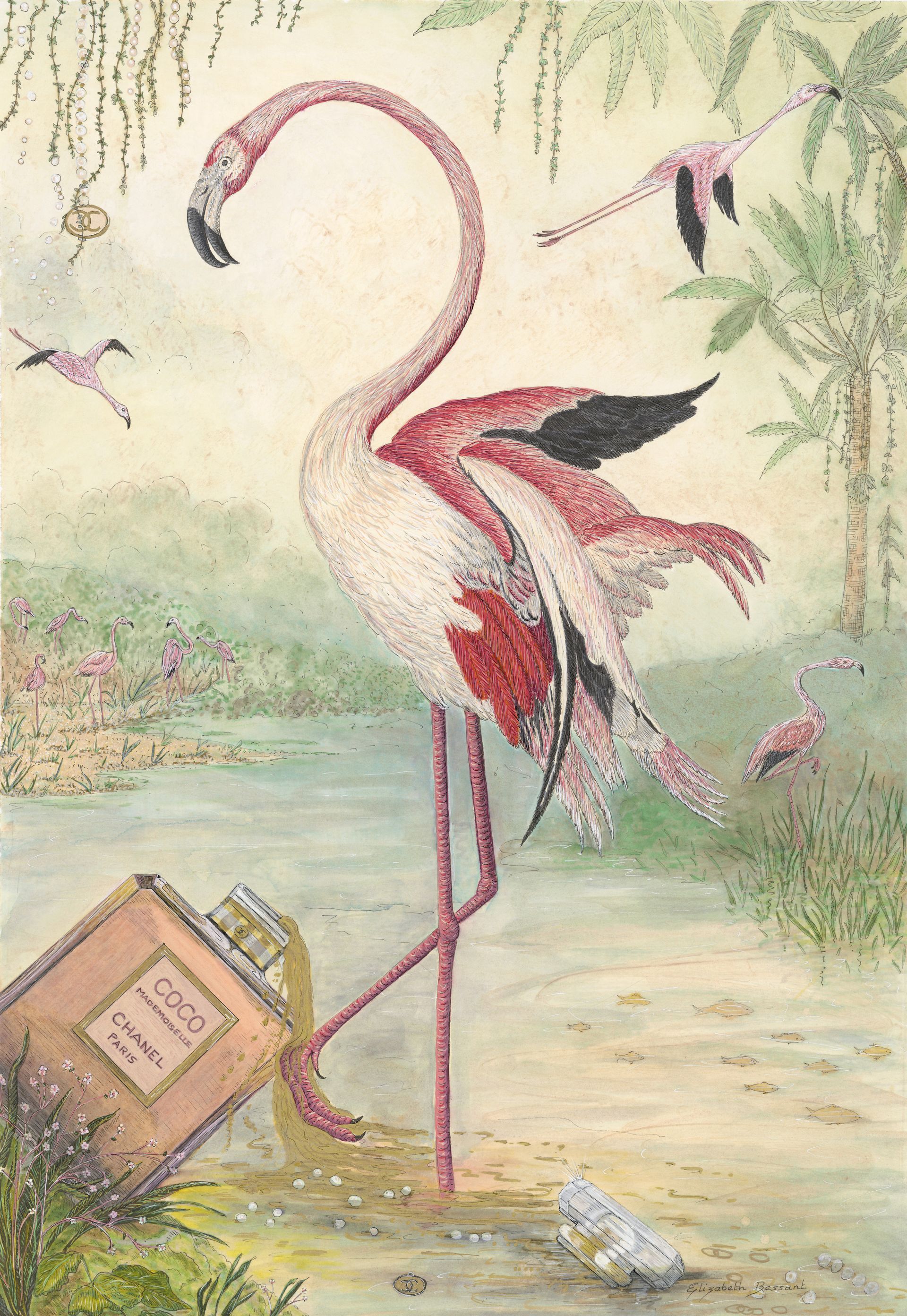 Pink flamingo standing by a tipped perfume bottle