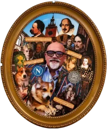 Oval collage in ornate gold frame with dogs, a man in glasses, a blue N, and various portraits and landmarks