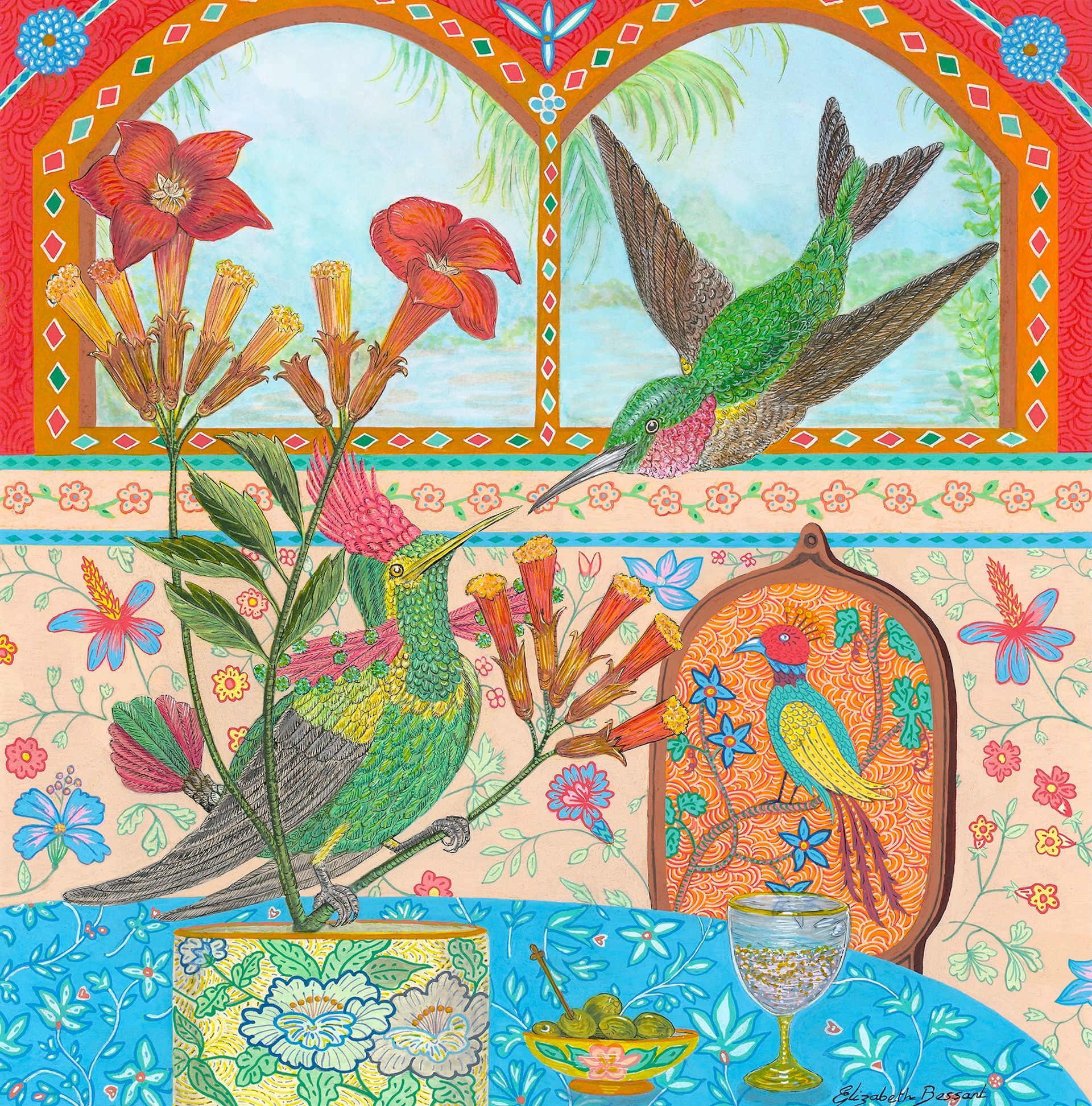Colourful painting of two hummingbirds in a bright decorative interior scene with flowers