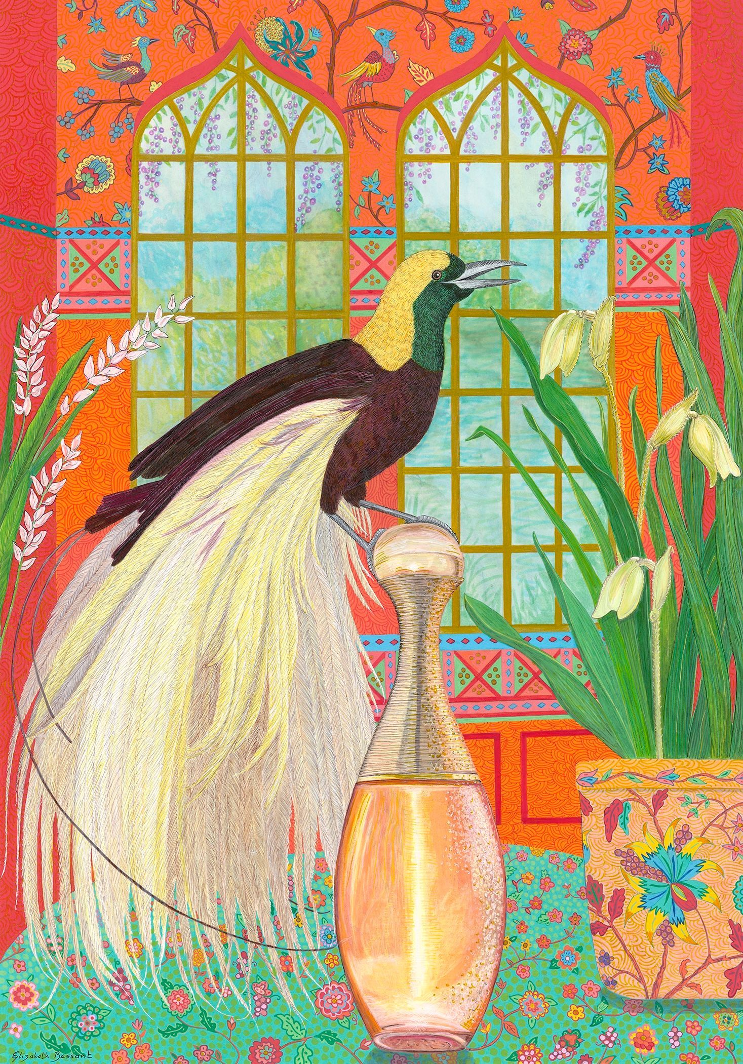 Colorful painting of a bird of paradise beside a glowing vase and potted plant in front of arched windows