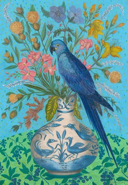 Blue bird perched on a blue-and-white vase amid colorful flowers and greenery