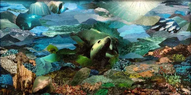 Colorful underwater coral reef with fish and a central sea turtle swimming among rocks and sea plants