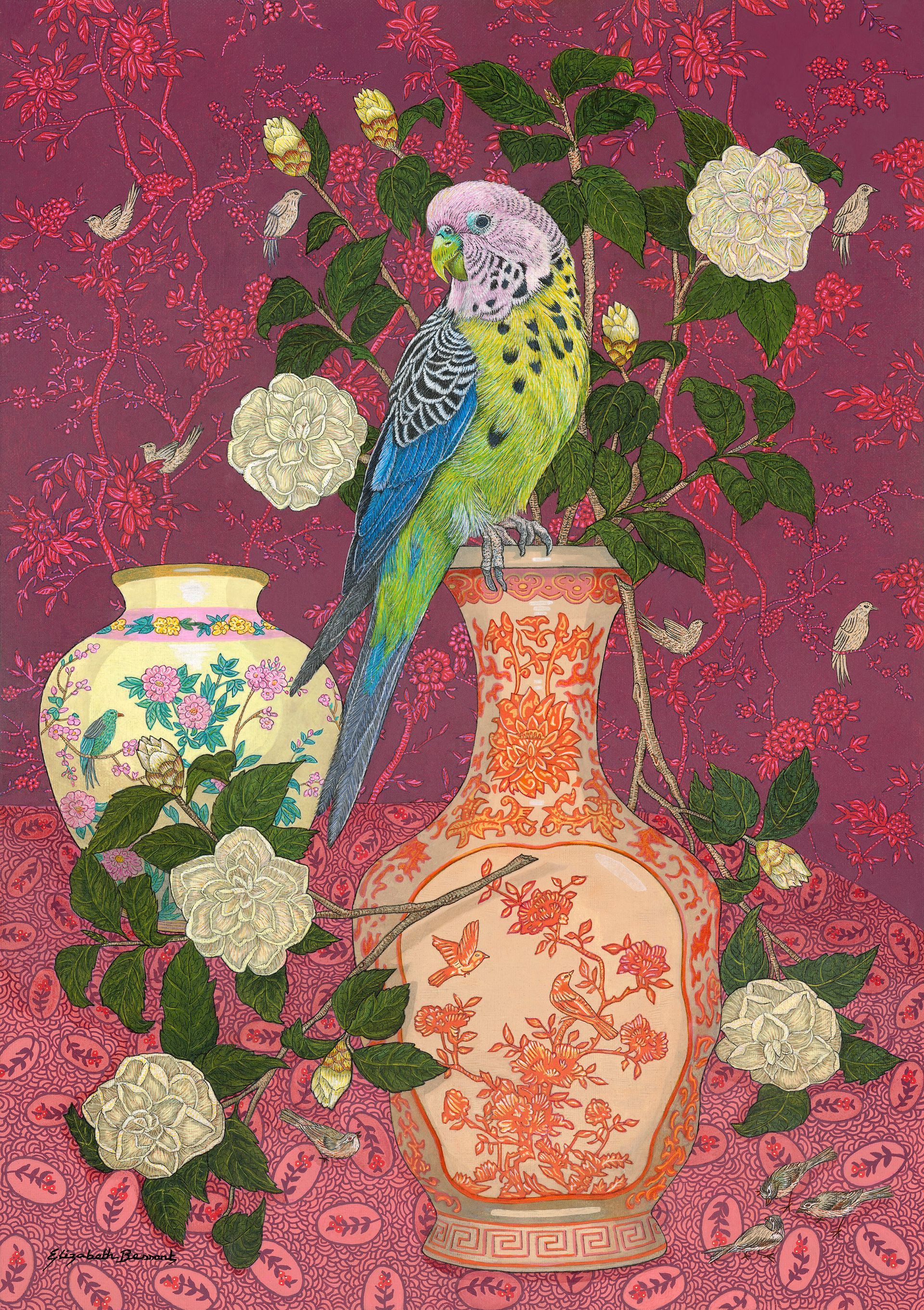 Painting of a bird and flowers arranged among two decorative vases on a red patterned background