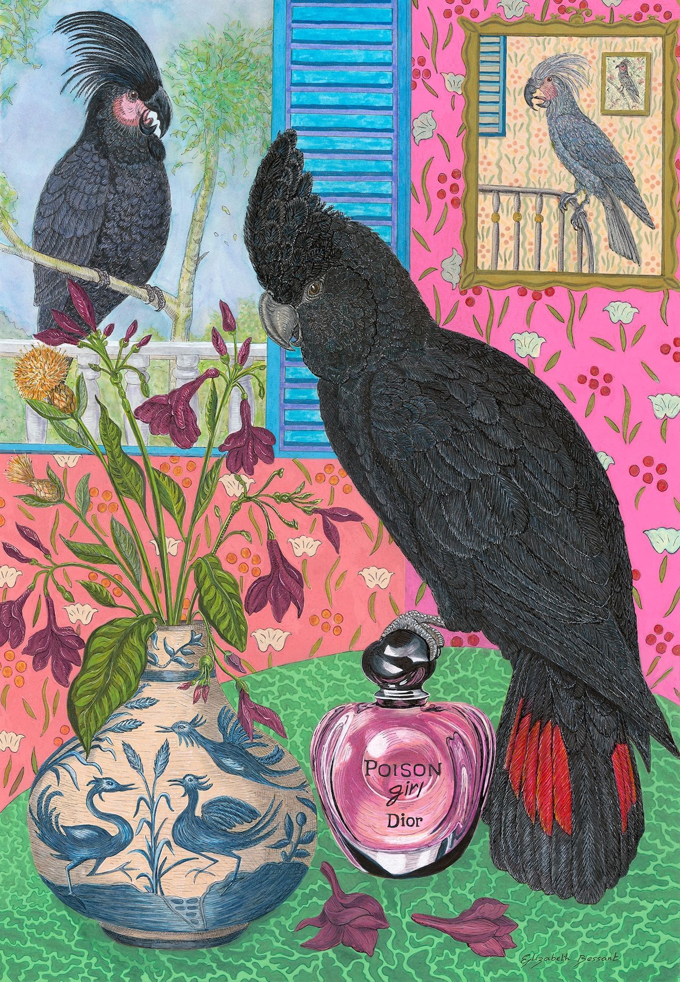 Colorful painting of macaws in a fantasy interior with perfume bottle, and a framed bird illustration on pink wallpaper