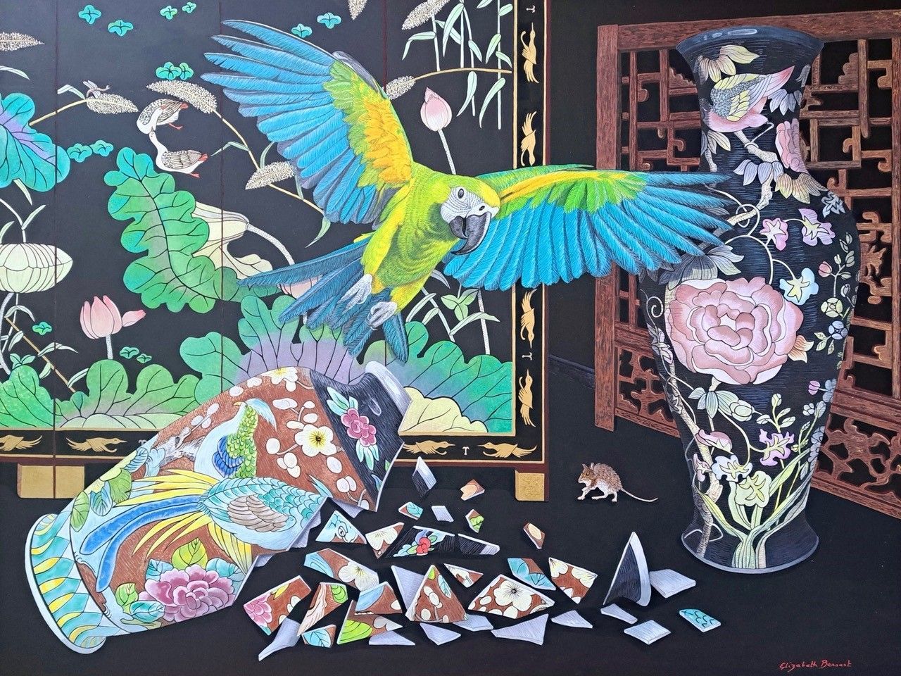 Painting of a colourful flying macaw with oriental screen and a patterned broken vase on a dark background