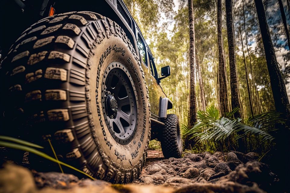 A jeep is driving down a rocky trail in the woods.