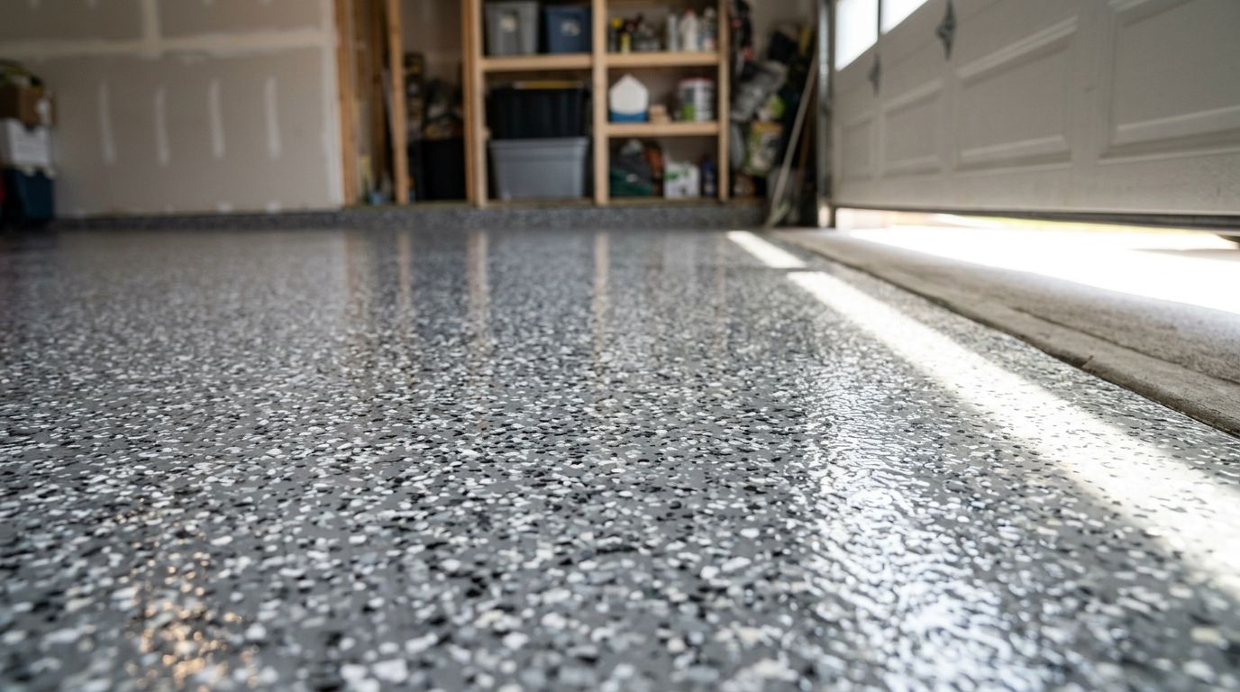 Glossy polyaspartic floor coating over a flake garage floor in a Waterloo home