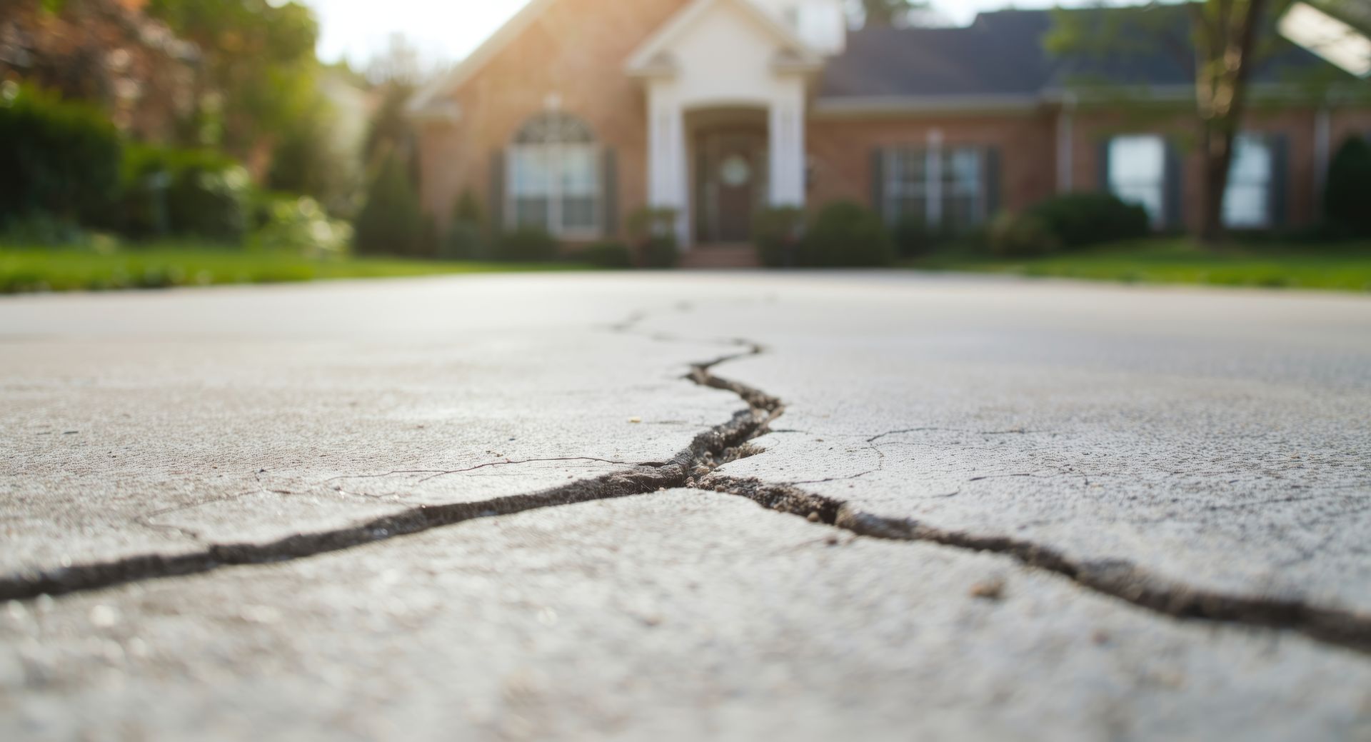Close-up of a crack on the asphalt of a driveway, with a home blurred in the background.