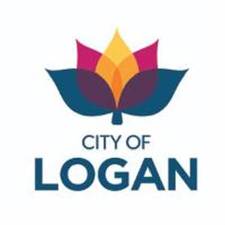 City of Logan logo with stylized colorful lotus above blue text