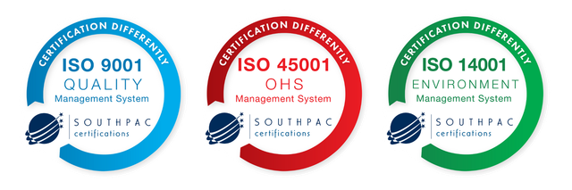 Three ISO certification badges: 9001 blue, 45001 red, and 14001 green, arranged side by side.