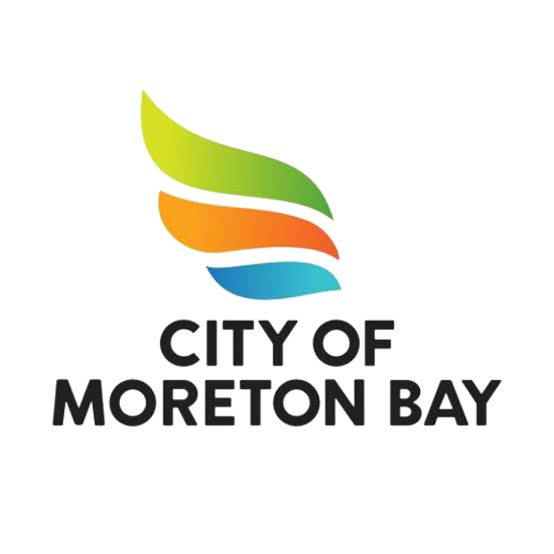 City of Moreton Bay logo with green, orange and blue stylized waves above black text