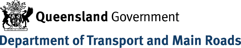 Queensland Government Department of Transport and Main Roads logo with black crest and blue text on white background