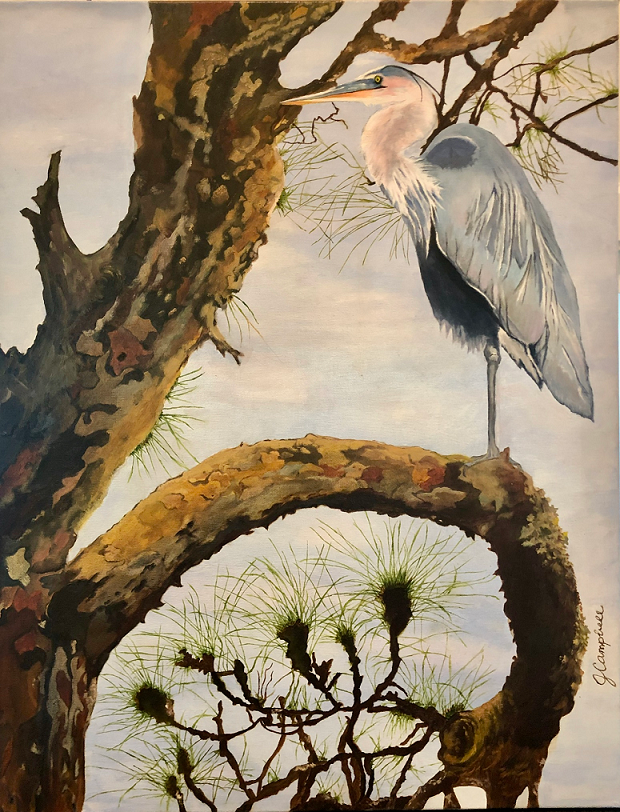 oil on canvas of heron by judy campbell