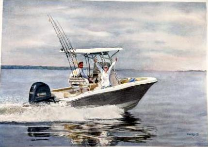 corky goldman watercolor of boat in the gulf