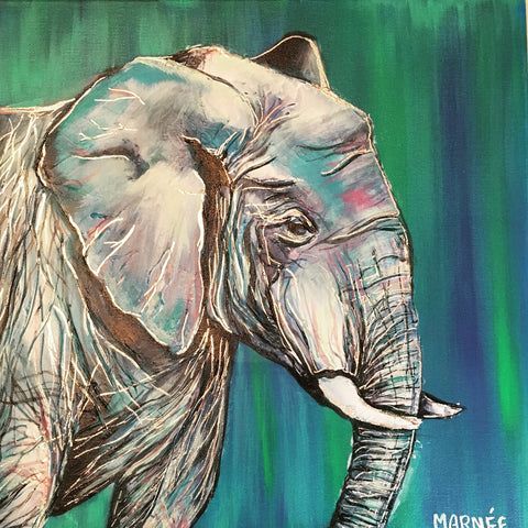 Marnée Wiley colorful elephant painting blue, green, gray
