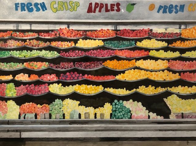 watercolor painting of produce on the shelf