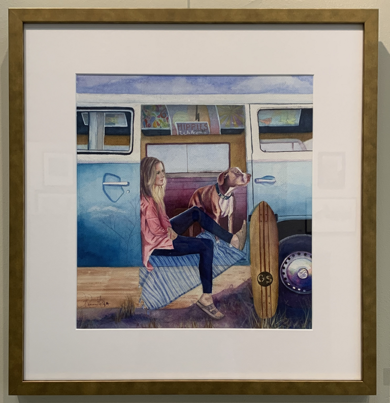 barbara rettig watercolor of girl with dog in her van