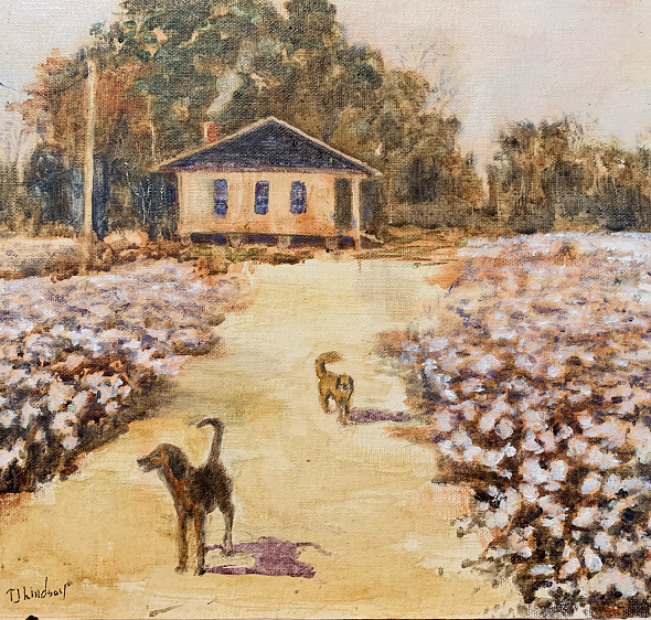 tamara jordan lindsay oil painting of dogs in cotton fields