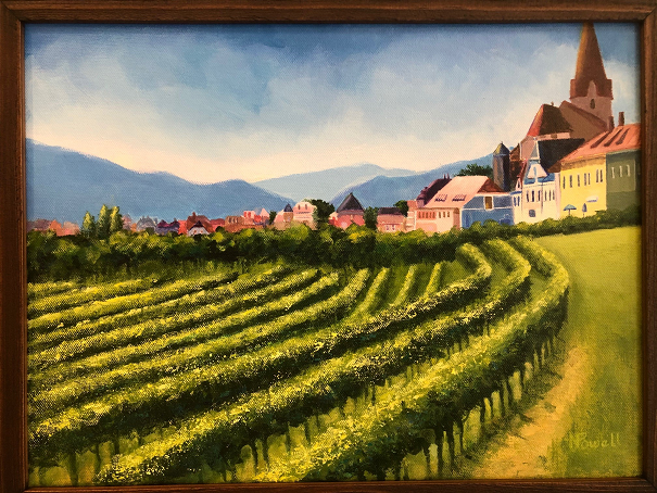nola powell acrylic painting of vineyard