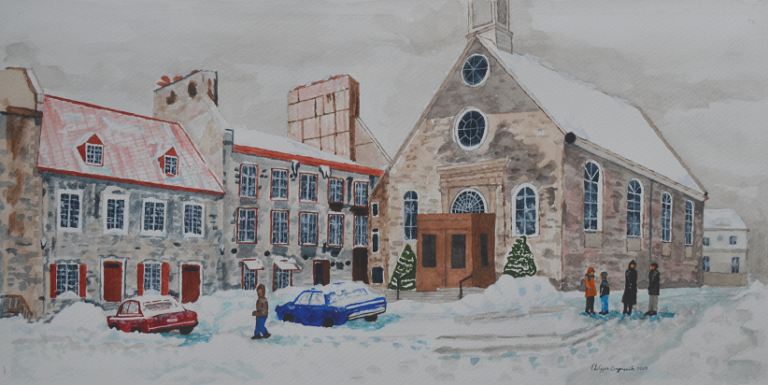 watercolor of church in square