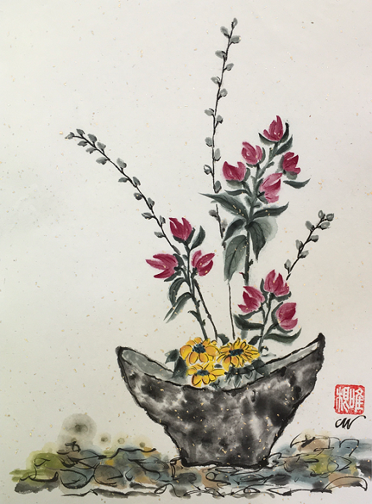 carol wiggins ink and watercolor of flowers