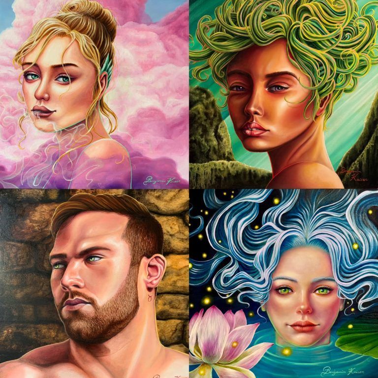 four character pieces by Ben Kaiser in one square, blonde woman, green haired woman, blue eyed man, and blue haired woman