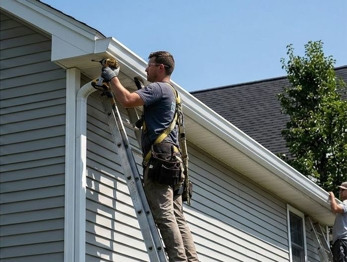 Worker on a ladder installing seamless gutters on vinyl siding