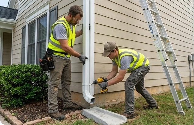 Two contractors installing a white aluminum downspout on a house