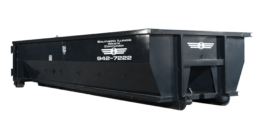 Black roll-off dumpster container with side doors on a white background