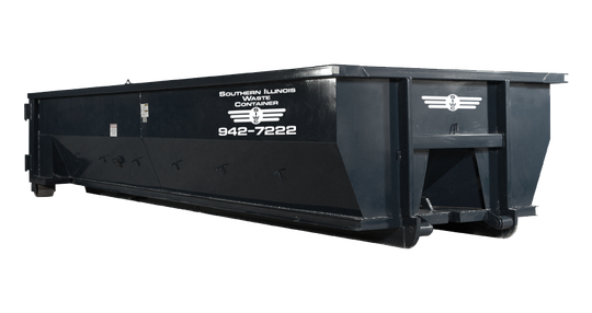 Black roll-off dumpster container with side doors on a white background