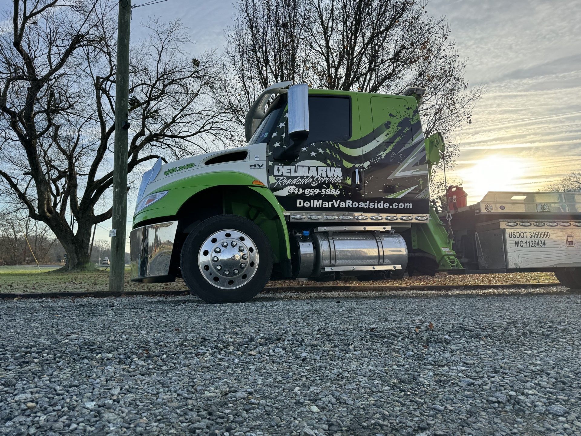Green and black semi-truck parked by trees at sunset, viewed from a low angle