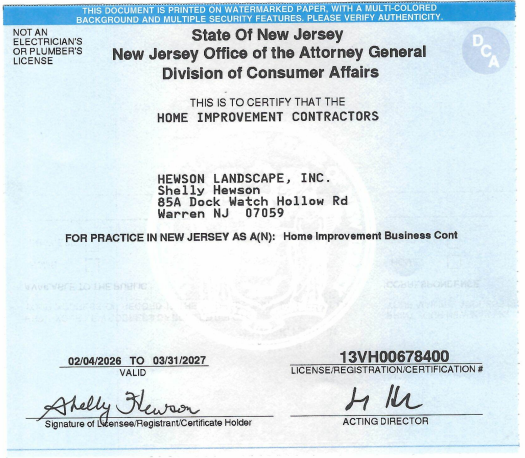 A New Jersey Home Improvement Contractor registration certificate issued to Henson Landscape, Inc., license 13VH00678400.
