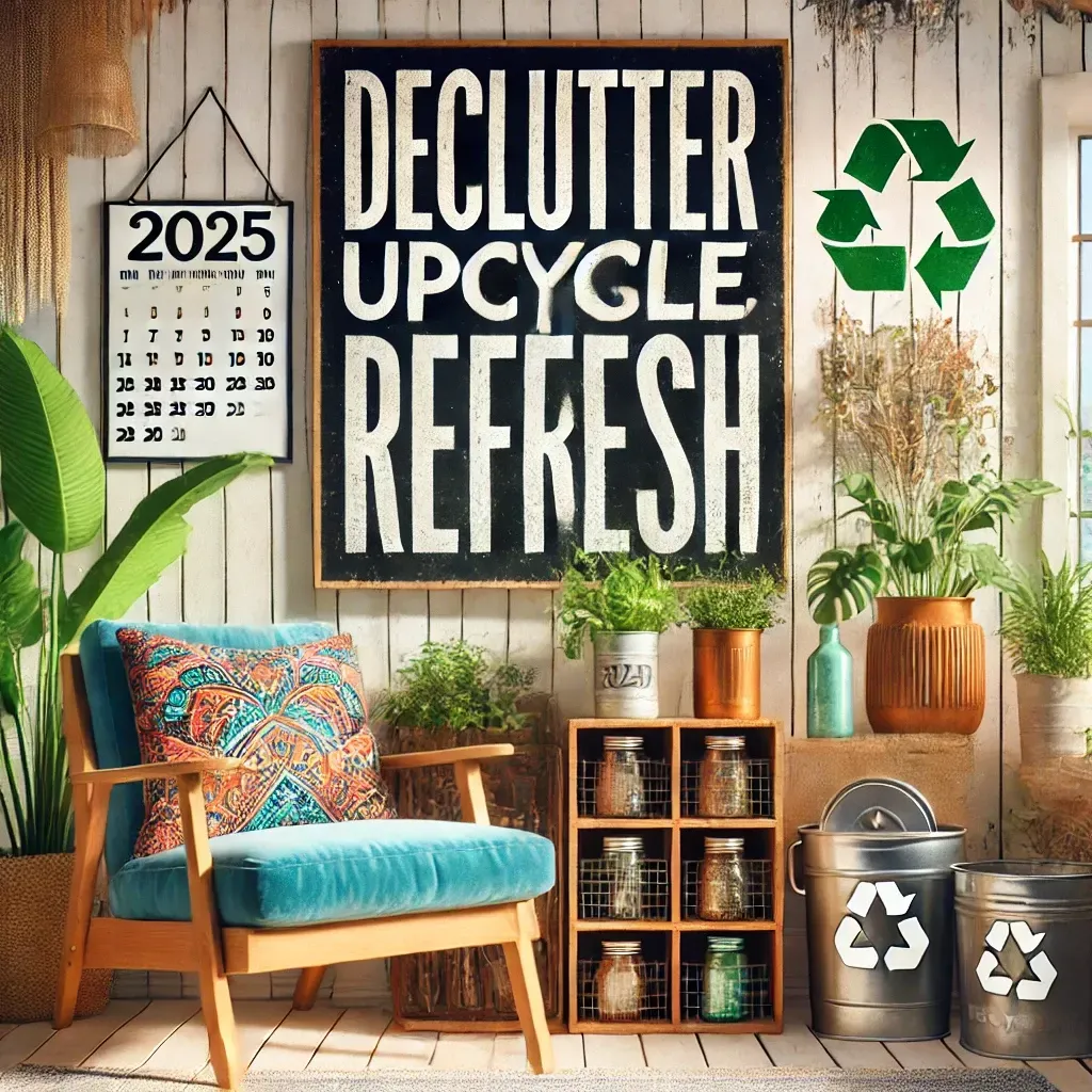 An inviting and eco-friendly New Year-themed graphic featuring a clean, organized living room