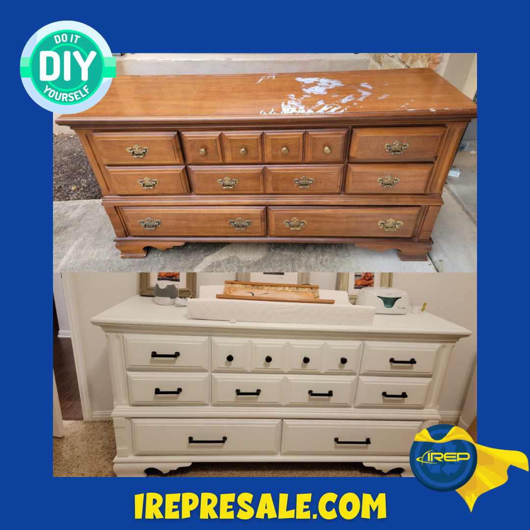 a picture of a wooden dresser on top with bronze handles and then on bottom is the same dresser but it has been refurbished in a DIY project and is white with black handles there's a DIY sticker in top left corner, IREP caped shield logo on bottom right and the website link irepresale.com