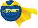 blue Recycling shield with the letters IREP and a yellow cape waving in the wind