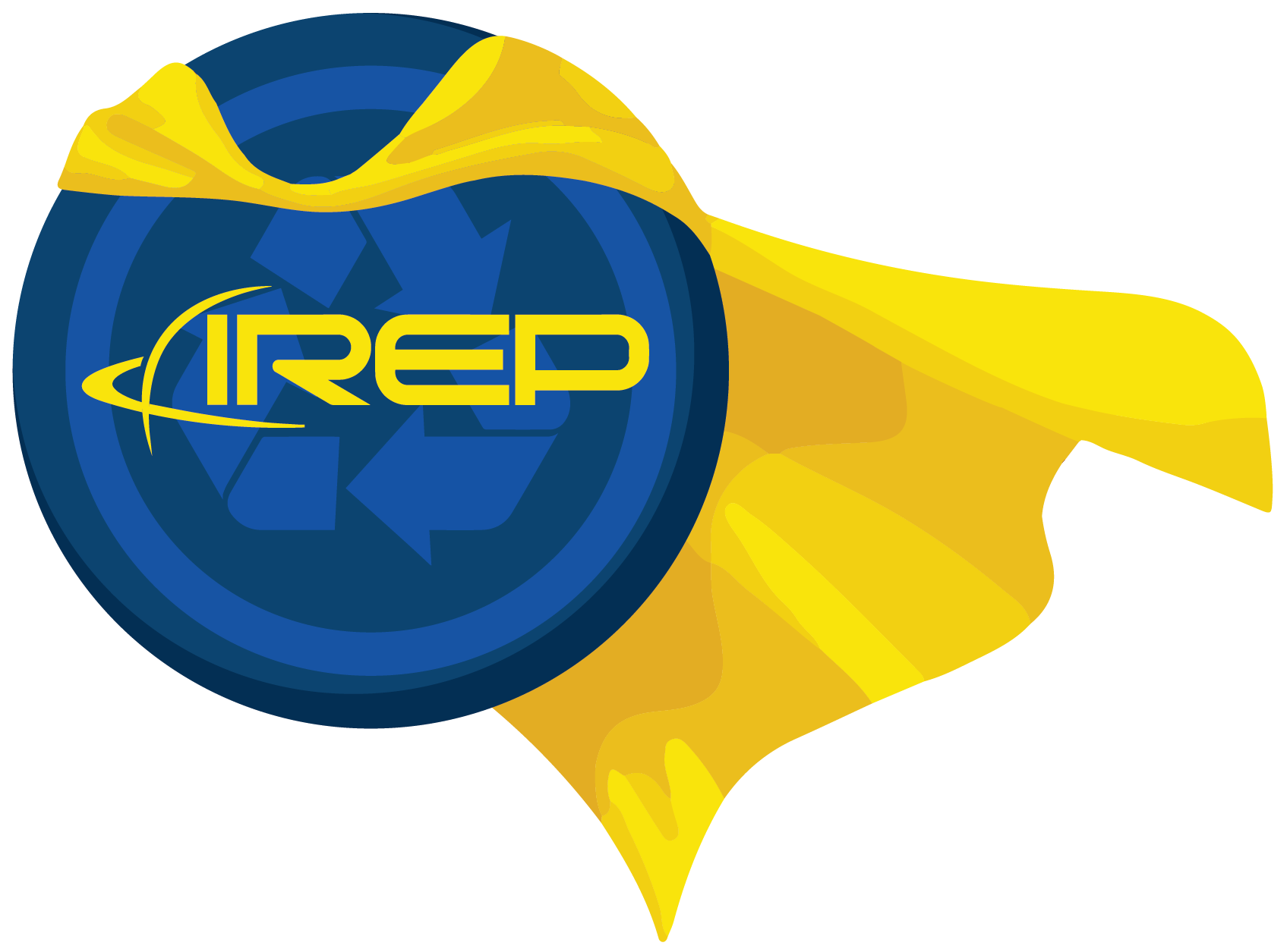 blue Recycling shield with the letters IREP and a yellow cape waving in the wind