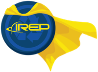 blue Recycling shield with the letters IREP and a yellow cape waving in the wind
