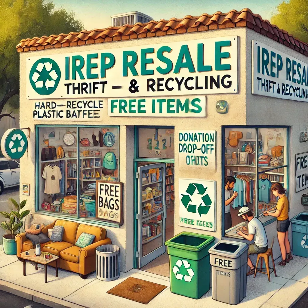 An eco-friendly thrift store in Austin, Texas, featuring the IREP Resale storefront with donation.