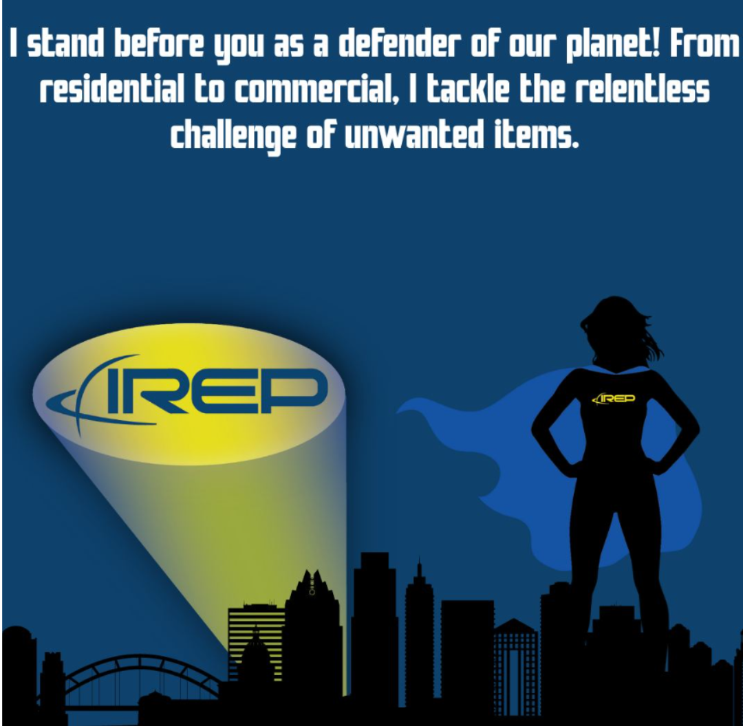 austin skyline with IREP lght logosuper junk removal recycling woman