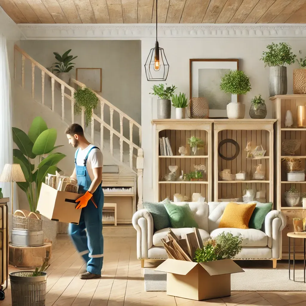 Man carries box out of sustainable flipped home.