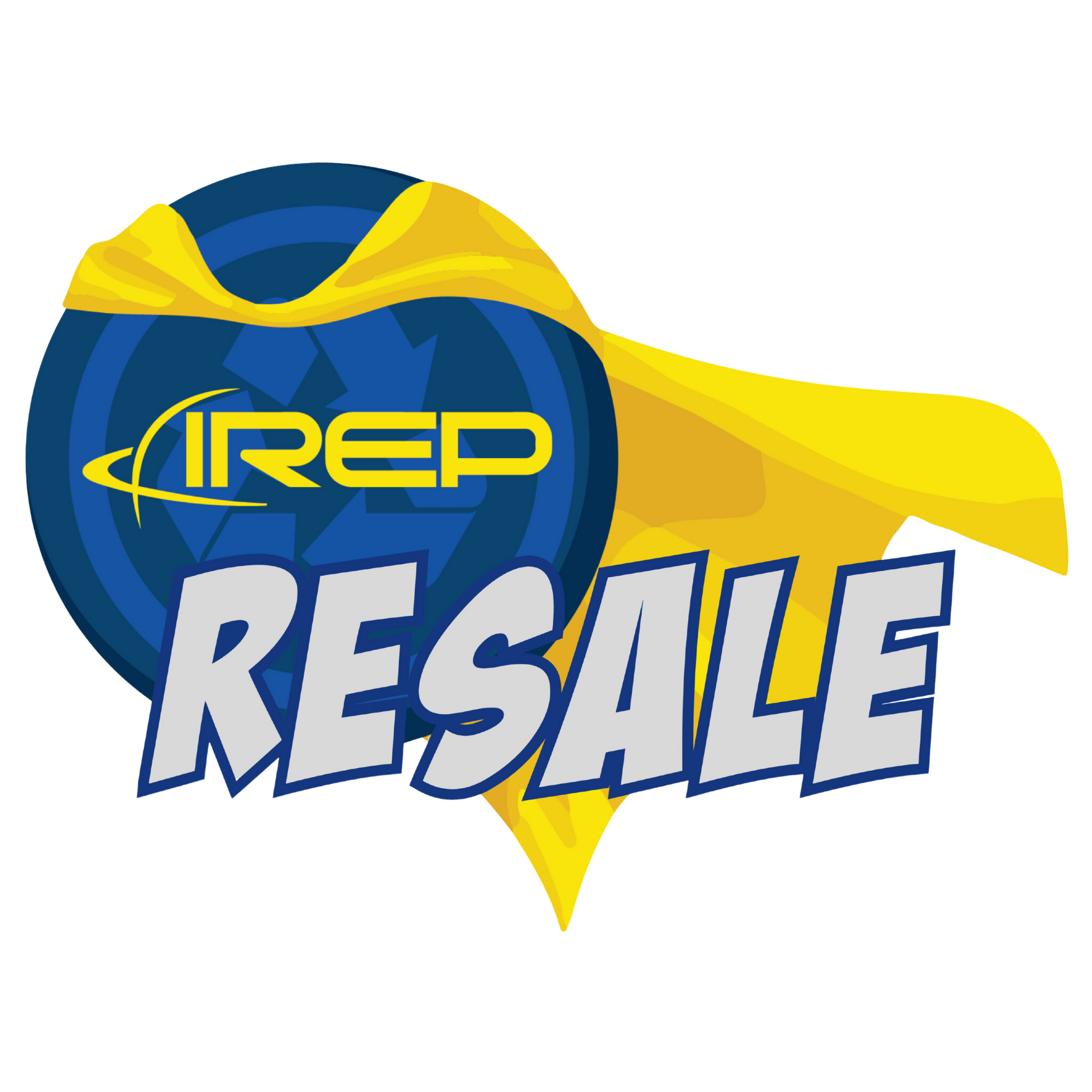 blue Recycling shield with the letters IREP and a yellow cape waving in the wind