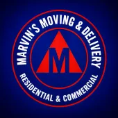 Marvin’s Moving & Delivery logo on blue background, red circular emblem with “Residential & Commercial” text