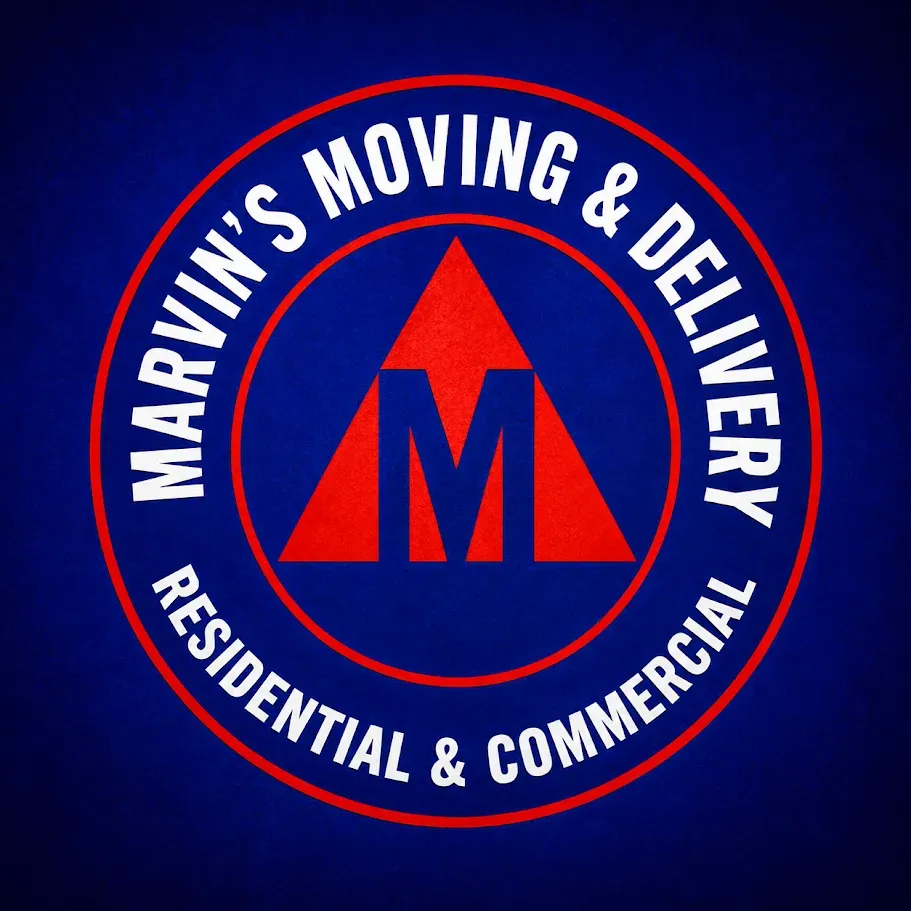 Marvin’s Moving & Delivery logo on blue background, red circular emblem with “Residential & Commercial” text