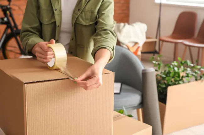Person sealing a cardboard box with packing tape in a moving room