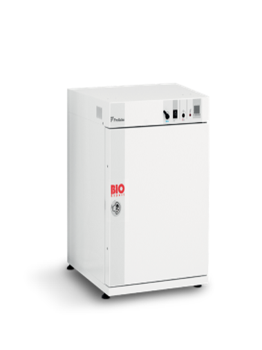 White laboratory freezer/cooler with a front door and control panel on top, isolated on a white background