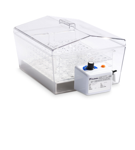 Transparent plastic storage bin with a clear lid and a small white control unit attached